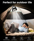 Clip On Fan For Golf Cart With 150 Hours Battery Life, Portable in tent with LED light, man relaxing underneath