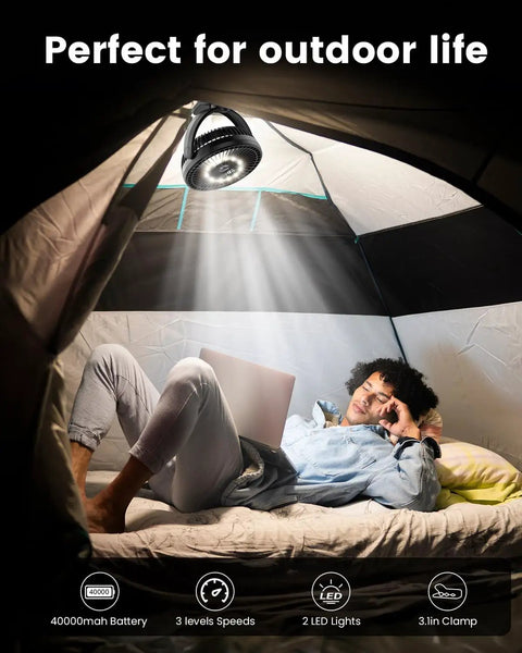 Clip On Fan For Golf Cart With 150 Hours Battery Life, Portable in tent with LED light, man relaxing underneath