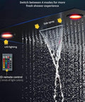 Slick Modern Brass Shower System With Adjustable Swivel Arm And Clear Led Water Temp Display, Rock Solid Multifunctional Handheld Head, Corrosion Resistant Finish, No Fuss Easy Wall Mount Setup For Your Home Bath Spa Vibes, showcasing side spray functionality and LED remote control.