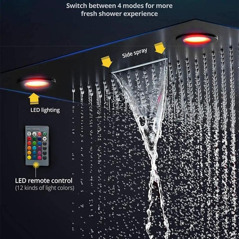 Slick Modern Brass Shower System With Adjustable Swivel Arm And Clear Led Water Temp Display, Rock Solid Multifunctional Handheld Head, Corrosion Resistant Finish, No Fuss Easy Wall Mount Setup For Your Home Bath Spa Vibes, showcasing side spray functionality and LED remote control.