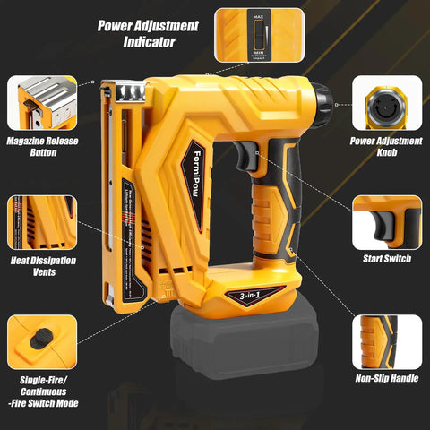 Cordless 3 In 1 Brad Nailer And Narrow Crown Stapler Compatible With Dewalt 20V Battery Platform showing features like power adjustment and magazine release.
