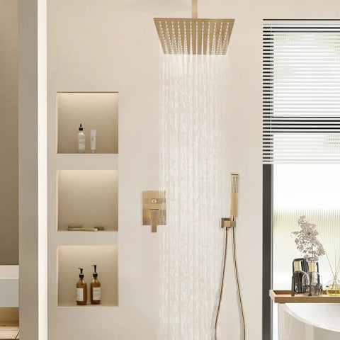Boss Brushed Gold Shower Faucet Set With Ceiling Mount 8 Inch Rainfall Head System, Dual Function High Pressure Showerheads
