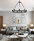 Wagon Wheel Chandelier 9 Light Black Metal Pendant for Dining Room and Kitchen Island Modern Farmhouse Lighting in living room