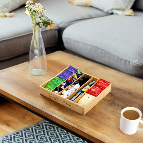 Two Pack K Cup Drawer Organizer Tray Made From Natural Bamboo With Adjustable Dividers To Separate Coffee Pods Tea Bags And Silverware Perfect Coffee Station Organizer For Kitchen Or Home Office Keeps Drawers Neat And Accessible on a table with a cup of coffee
