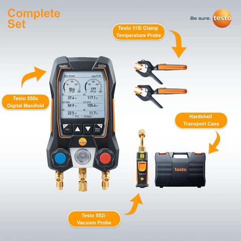 Pro Grade AC Manifold Gauge Set For HVAC Pros And Refrigeration With Bluetooth Micron Gauge And Two Pipe Clamp Thermometers Includes T115i And T552i For Precise Temperature And Pressure Readings And Easy Recharge Kit. Complete Testo 550s set with manifold, probes, and case