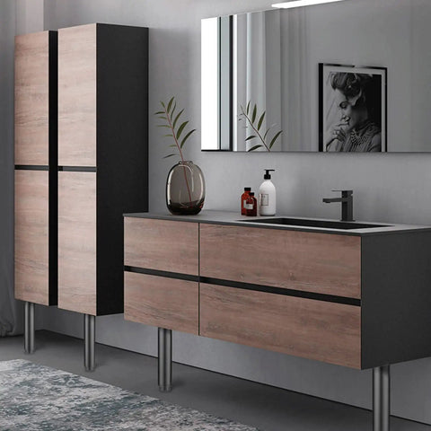 Bathroom vanity with black and wood finish featuring stainless steel legs similar to Beefy Adjustable Round Metal Furniture Legs 8 cm.