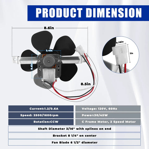 Replacement Range Hood Fan Motor Kit with 99080492 motor bracket, 8.5-inch blade, dimensions labeled and wires visible.