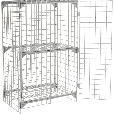 Heavy Duty As Hell One Tier Two Door Wire Mesh Security Locker Gray With Adjustable Inner Shelf Swinging Cabinet Doors For Warehouse, open view to inner shelves.