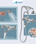 Polished Chrome Tub Filler And Wall Mount Faucet Set With Handheld Shower Sprayer And Tub Spout Double Cross Handles All Metal Brass Construction