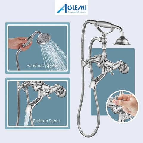 Polished Chrome Tub Filler And Wall Mount Faucet Set With Handheld Shower Sprayer And Tub Spout Double Cross Handles All Metal Brass Construction