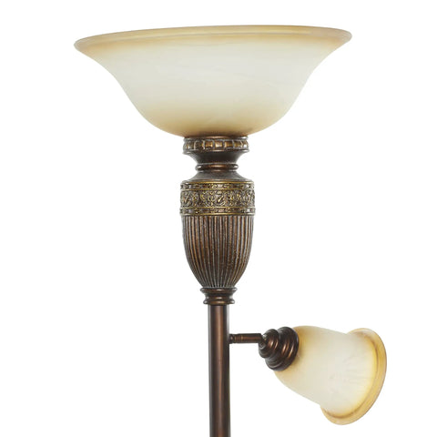 Top detail of Three Light Torchiere Floor Lamp With Two Movable Glass Shades Antique Metal Finish In Brown Vintage Style Living Room Lighting
