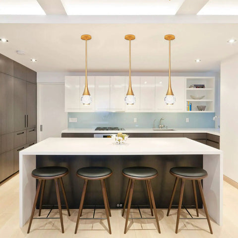 Teardrop Crystal Pendant Light With Gold Brushed Brass Finish One Light Mini LED Fixture Glass Globe Ceiling Pendant for kitchen.