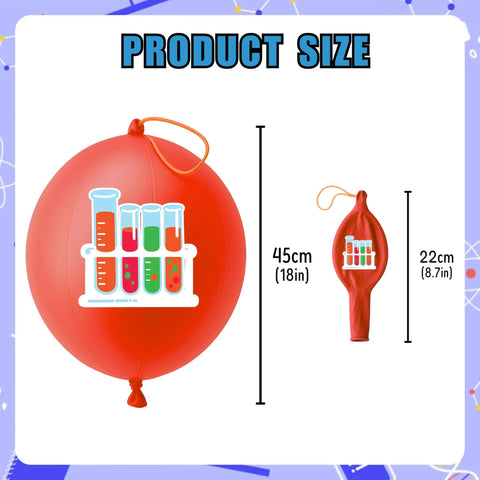 Science Party Favors Kit With 24 18 Inch Punch Balloons And 48 Pre Cut Temporary Tattoos featuring a red balloon with beaker design