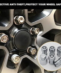 Heavy Duty Wheel Locking Lug Nut Kit For Auto Techs And Adventure Buffs M14x1.5 Anti-Theft Security Bolt Set With Easy Install Design To Keep Your Wheels Locked Tight And Safe On Any Trail Or Highway Drive. close-up on alloy wheel with locking lug nuts