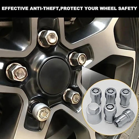 Heavy Duty Wheel Locking Lug Nut Kit For Auto Techs And Adventure Buffs M14x1.5 Anti-Theft Security Bolt Set With Easy Install Design To Keep Your Wheels Locked Tight And Safe On Any Trail Or Highway Drive. close-up on alloy wheel with locking lug nuts