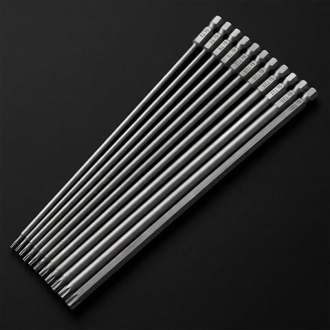 Heavy Duty Extra Long Torx Security Bit Set Built Tough To Knock Out Tight Jobs With Hella Durable S2 Steel Magnetic Quarter Inch Hex Shank 11 Piece Tamperproof Star Driver Kit For Pro Repair Work, showing all bits laid flat.