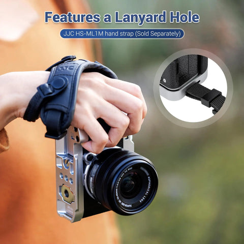 Hand Grip For Fujifilm X M5 Camera With L Shape Bracket Built In Arca Quick Release Plate And Battery Access attached to camera