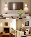 Battery Operated Wall Sconces Set Of Two Rechargeable Gold Milk Glass Wireless Lighting illuminating living room and bedroom decor.