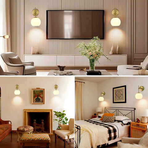 Battery Operated Wall Sconces Set Of Two Rechargeable Gold Milk Glass Wireless Lighting illuminating living room and bedroom decor.
