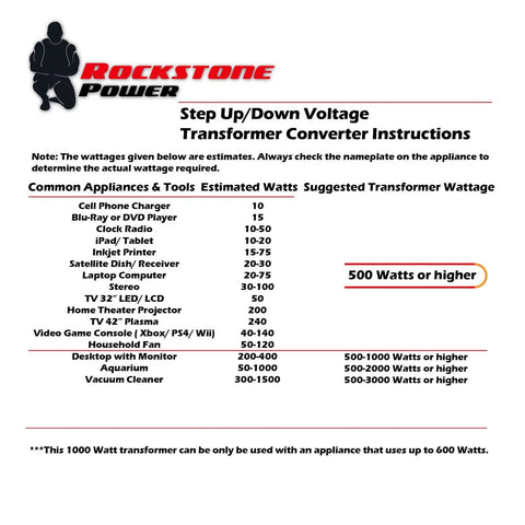 Instructions for 1000 Watt Heavy Duty Voltage Converter Transformer For 110V 120V 220V 240V Step Up Down For Appliances