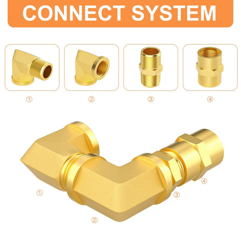 GASHER brass 1/4 in NPT pipe fittings set (8 pcs) with hex nipple, hex coupling, and 90° street elbow for air hoses