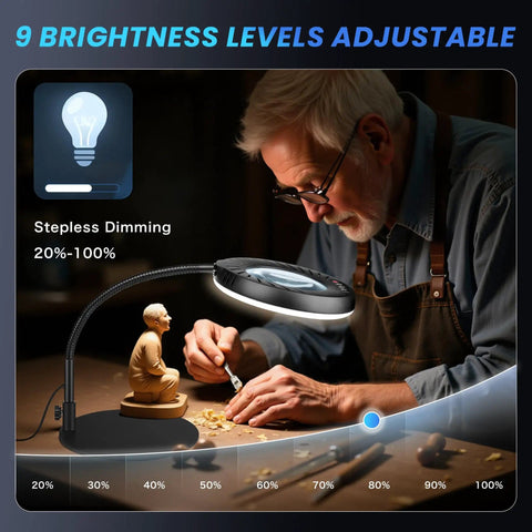 Man using 12X Magnifying Glass With Light And Stand For Crafting 5 Color Modes 9 Level Dimmable 144 LED Desk Lamp Hands Free