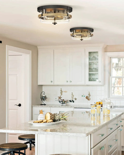 Farmhouse Wooden Flush Mount Ceiling Light With Clear Glass Shade in kitchen, rustic style with wood and black metal accents.