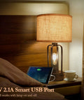 Industrial Farmhouse Table Lamps Duo With Night Light And USB Charging on nightstand, linen drum shade, matte black base