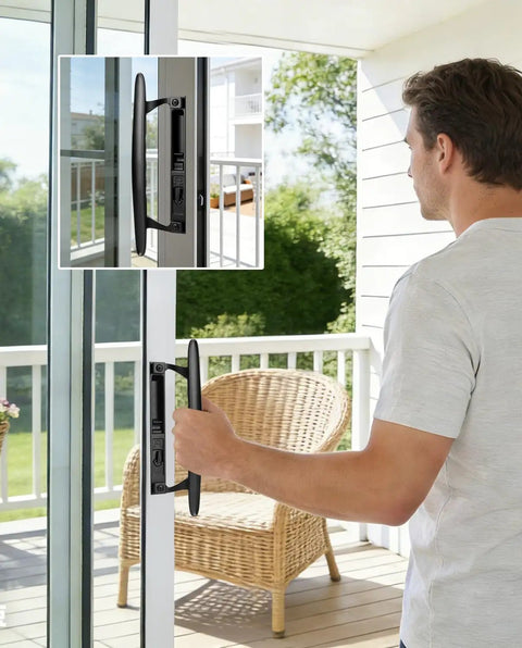 Heavy Duty Black Diecast Sliding Door Handle Set With Secure Non Keyed Lock, user opening patio door with visible lock mechanism.