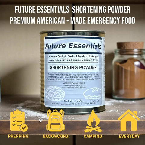 Shelf-Stable Shortening Powder For Frying And Baking, Reconstitutes With Water, Perfect For Emergency Prep And Everyday Cooking, Long Shelf Life, Made In The USA, 12 Oz Can, 12 Pack, on a kitchen shelf.