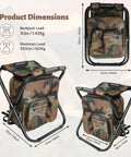 Foldable Camping Chair Backpack With Built In Cooler Insulated Picnic Bag For Outdoors Sports Hunting Fishing Travel Camouflage All In One Portable Seat Heavy Duty Build With 330 Pound Weight Capacity And Lightweight Three And A Half Pound Frame showing dimensions