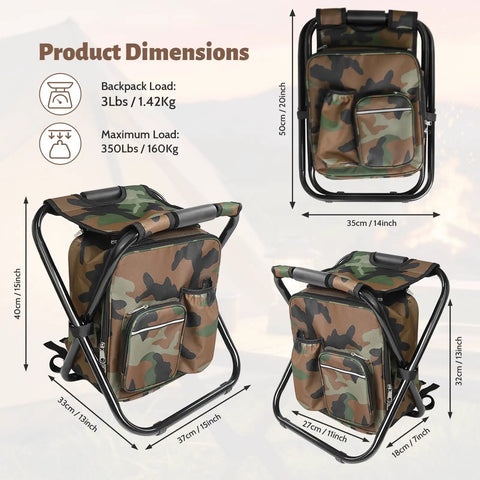 Foldable Camping Chair Backpack With Built In Cooler Insulated Picnic Bag For Outdoors Sports Hunting Fishing Travel Camouflage All In One Portable Seat Heavy Duty Build With 330 Pound Weight Capacity And Lightweight Three And A Half Pound Frame showing dimensions