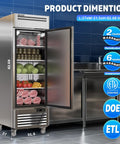 Heavy Duty Twenty Seven Inch Commercial Freezer Nineteen Point Three Two Cubic Feet Stainless Steel Reach In Upright Kitchen Cooler with open door and food inside.