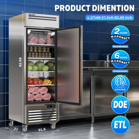 Heavy Duty Twenty Seven Inch Commercial Freezer Nineteen Point Three Two Cubic Feet Stainless Steel Reach In Upright Kitchen Cooler with open door and food inside.