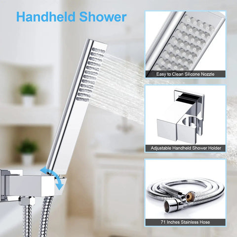 Brushed Nickel Rain Shower System With 10 Inch Rain Head And Handheld, full shower faucet set with stainless steel hose and silicone nozzles