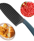 JAYVAR crinkle cutter with blue handle and black ribbed blade, front view