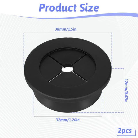 Two Pack 1 1/4 Inch Black Rubber Cable Grommets For Desks, showing dimensions of 38mm and 32mm, ideal for organizing cords.