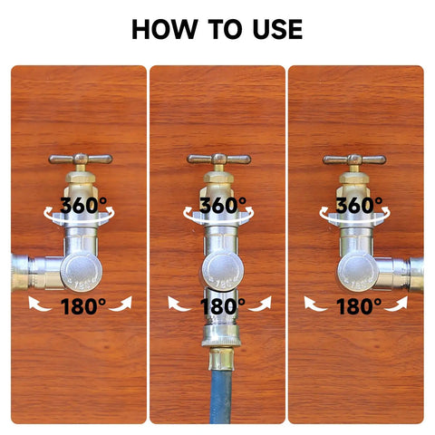 How to use High Flow Brass Swivel Hose Connector 180 Degree and 360 Degree Adjustable Elbow for Garden Hose Three Quarter Inch GHT Fitting Anti Kink Leak-Resistant Faucet Extender for RV Camper Outdoor Spigot and Hose Reel