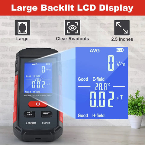EMF Meter 3 In 1 Electric Field Magnetic Field And Temperature Tester With Large LCD Rechargeable EMF Detector on table