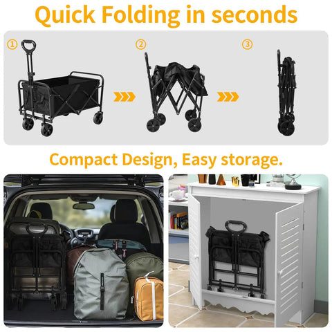 Heavy Duty Collapsible Wagon Cart With Wheels for Easy Grocery Runs and Outdoor Hauls, 220-Lb Capacity folded in car trunk and cabinet