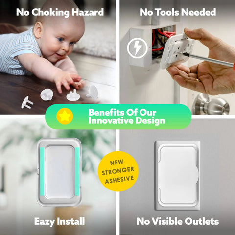 Three Pack Baby Proofing Outlet Covers For Safe Electrical Outlets Easy Install No Choking Hazard Keeps Tiny Fingers Out Of Sockets And Prevents Electrocution Kid Safe in use; baby with outlet cover, focus on benefits of easy install and stronger adhesive.