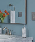 Bathroom view with 20 Amp Tamper Resistant Self Test GFCI Outlet, magnesium finish, and matching wall plate near sink