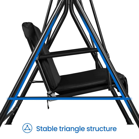 Black 3-Seat Patio Swing Chair With Adjustable Canopy And Removable Cushions Outdoor Cozy Glider Lounge sturdy triangle frame