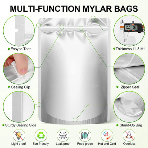 Complete 100 Pack Mylar Bags With 400cc Oxygen Absorbers For Long Term Food Storage showing sealing features and thickness.