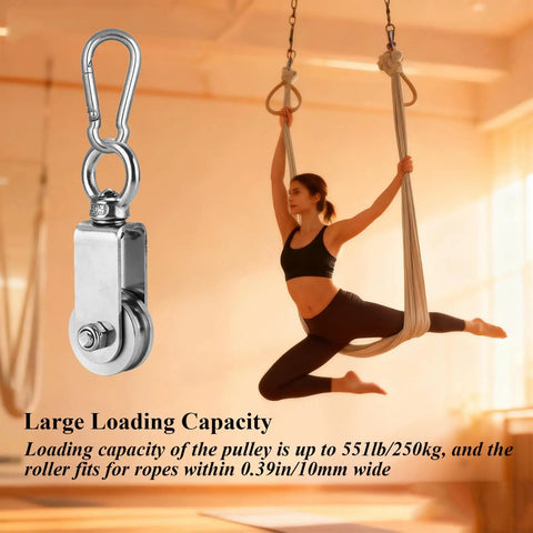 Stainless Steel Snatch Rigging Pulley Wheel Heavy Duty Rope Pulley Blocks With Carabiner For Rigging And Lifting Gym Equipment Two Pack 1.34 Inch Wheel Diameter shown with aerial silk setup