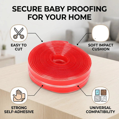 Stick On Corner Guard 5m By 20mm Clear Soft Edge Protector Strip for Baby Proofing shown on wooden surface with features highlighted