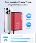Premium Tailgate Ready 150W Car Power Inverter With Dc To Ac Converter charging an iPhone and a laptop with USB ports.