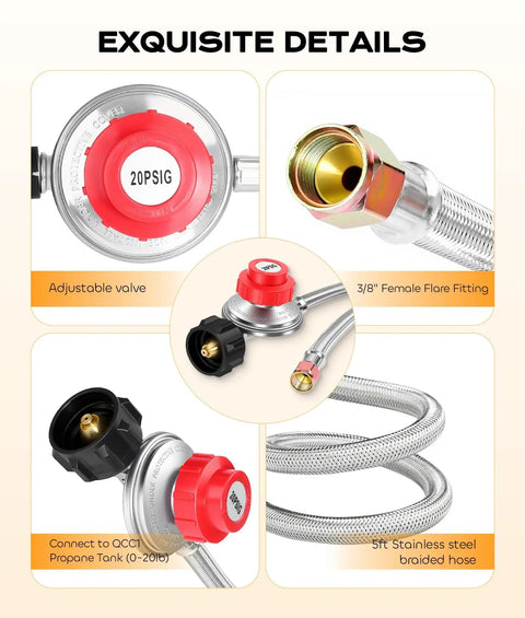 5 Foot Braided Propane Hose Adapter With Adjustable Regulator 0 To 20 Psi, QCC1 Male Fitting And 3/8 Inch Female features