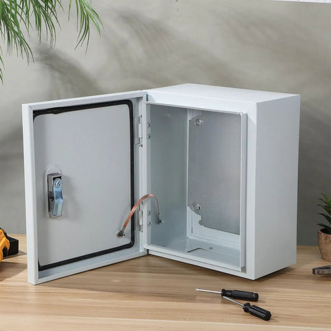 Open Beefy Outdoor Wall Mounted Metal Electrical Junction Box Weatherproof Control Panel Enclosure 250x300x140mm on table.