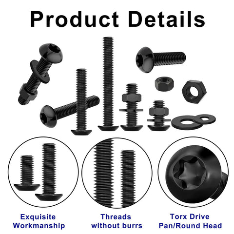 900 Pieces Torx Button Head Screws Set M2 M2.5 M3 Bolts Nuts Washers Star Drive Round Head Machine Screws 10.9 Grade Alloy Steel Black Oxide